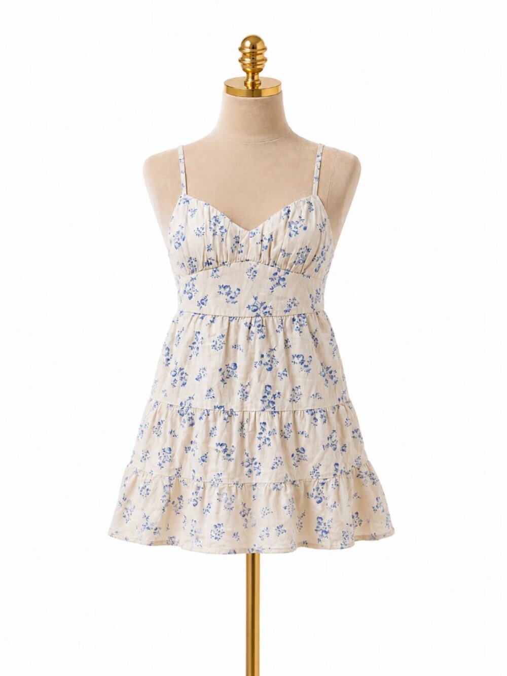 Hollister Floral Mini Dress White Blue Open Back Tiered Linen Blend Babydoll